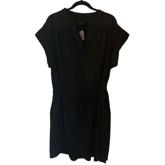 NWT Ann Taylor Linen Belted Split Neck Shirt Dress Sz XL Black Quiet Luxury Mini - Picture 3 of 10